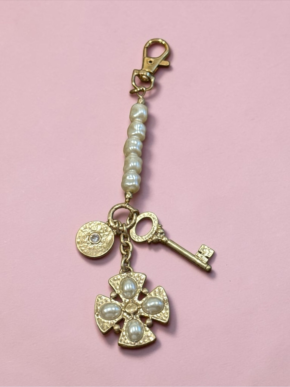 Upcycled Pearl & Goldtone Key Floral Purse Charm One of a Kind